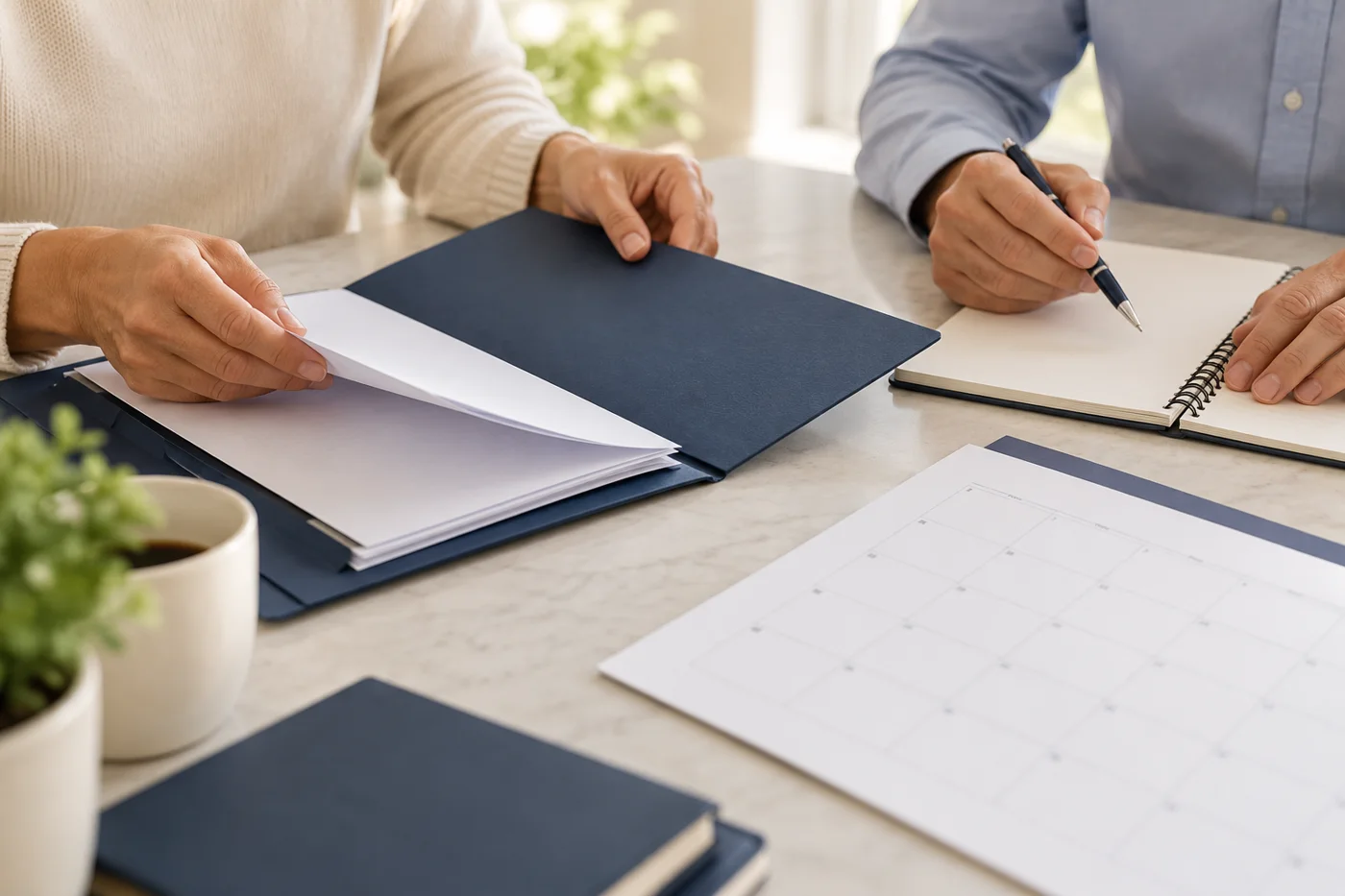 Hands preparing a folder and notebook for a case discussion