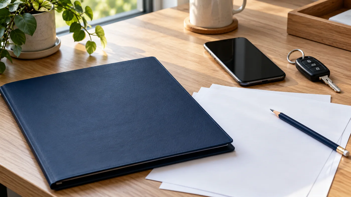 Phone, vehicle key and documents arranged for a claim discussion