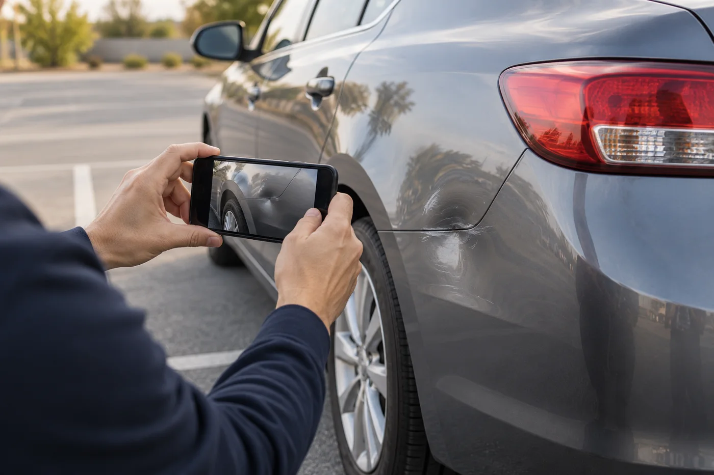 Hands photographing damage to a parked vehicle