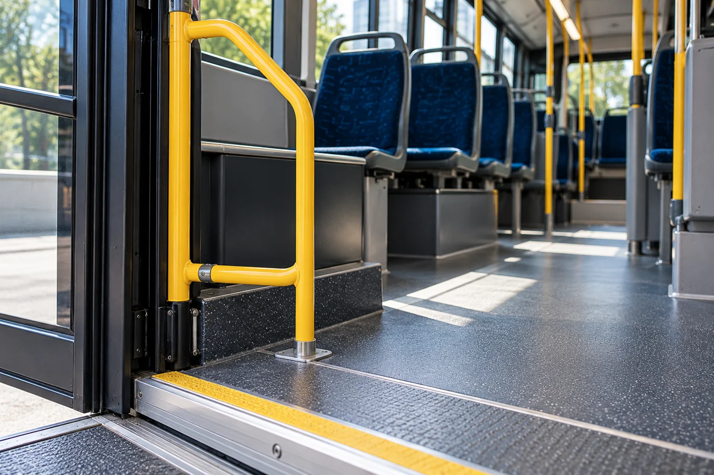 Generic bus entrance with a handrail, boarding threshold and empty seats