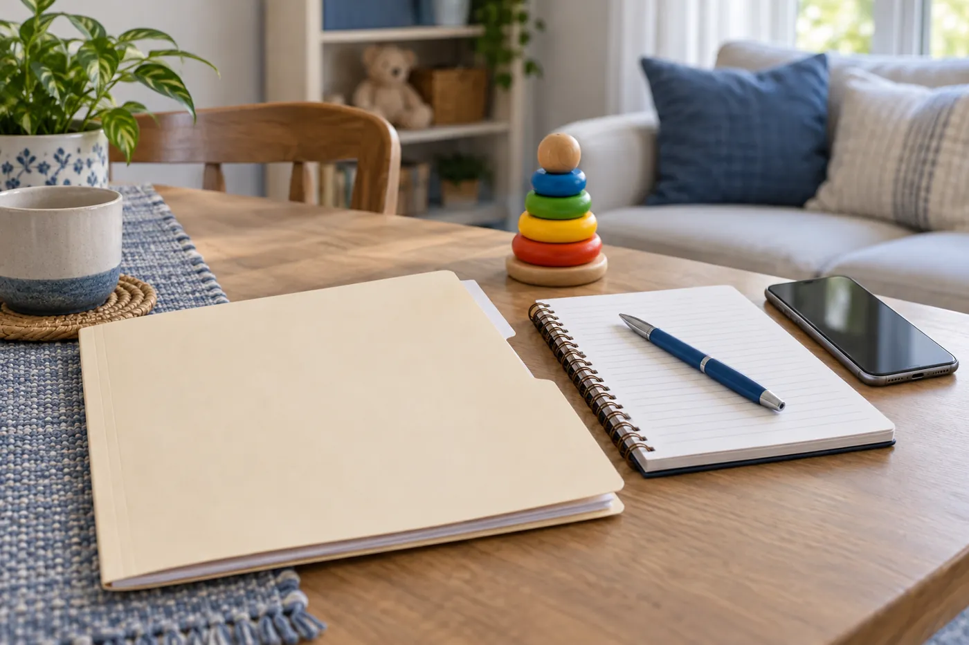 Notes and a folder beside a toy for a child-care inquiry