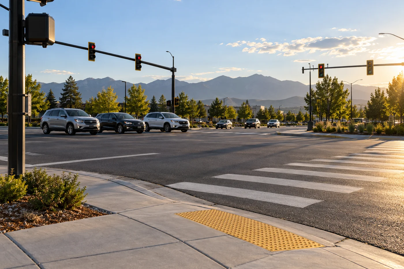 Illustrative intersection showing traffic signals and a pedestrian crossing