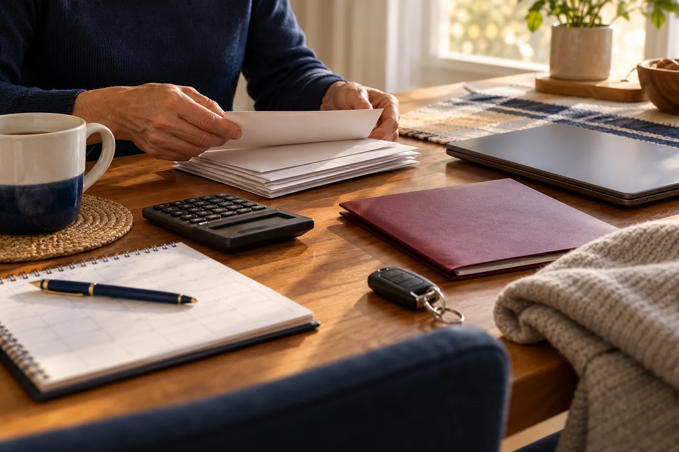 Hands organizing bills and daily expenses at a table
